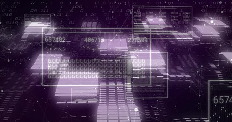 Wall Mural - Opening with purple binary grid panels shifting revealing numbers drifting nodes highlighting data