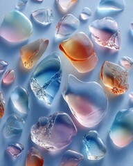 Display of various colorful and transparent glass-like objects with different shapes and shiny surfaces.