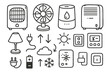 © Svitlana - Hand-drawn Climate Icons. Hand-drawn doodle illustration Portable heating and cooling devices heater, fan, humidifier, dehumidifier, air purifier, lamp, plug,