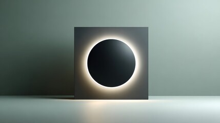 A square object with a black circle in the center and a glowing white ring around it, showcasing modern abstract design.
