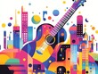 © nattaya - Colorful geometric summer music festival template, poster, banner Summer time fun concept design with vinyl record and city life background Vector illustration