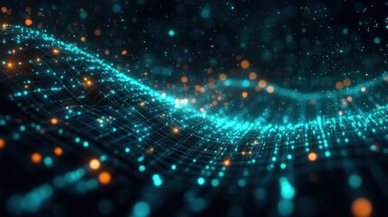 Abstract digital waves formed by glowing blue and orange particles connected with a grid of lines on a dark background creating a futuristic and dynamic visual effect