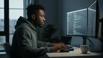 Young Black male programmer focused on coding late at night in a modern office with multiple screens displaying complex software development.