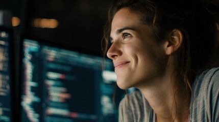Young woman programmer smiling while working on computer code at night, enjoying her coding project with screens glowing in the background