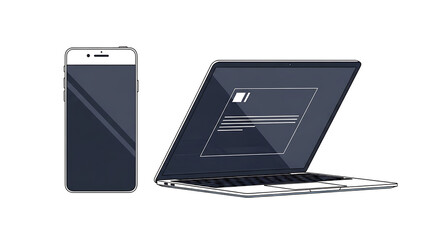 Wall Mural - Minimalist flat design illustration of a modern smartphone and laptop computer set, isolated on a white background, representing digital technology and responsive web design
