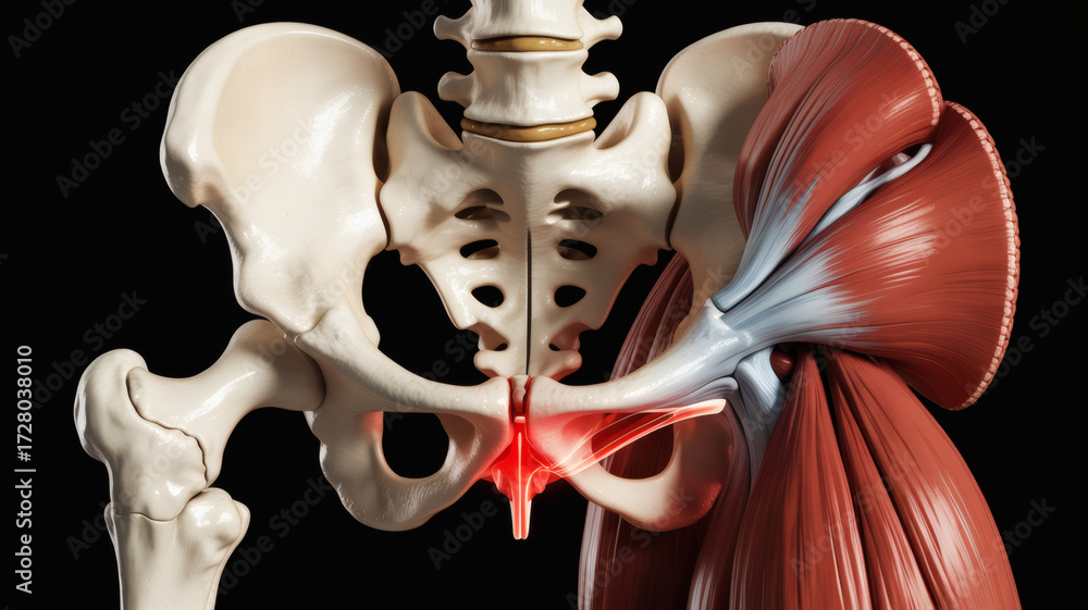 Anatomical illustration of the human pelvis and hip joint showcasing ...