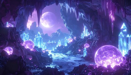Magical, glowing purple and blue crystal cave and grotto with giant geodes and stalactites, mysterious underground landscape illuminated by a huge full moon, high fantasy environment, digital art
