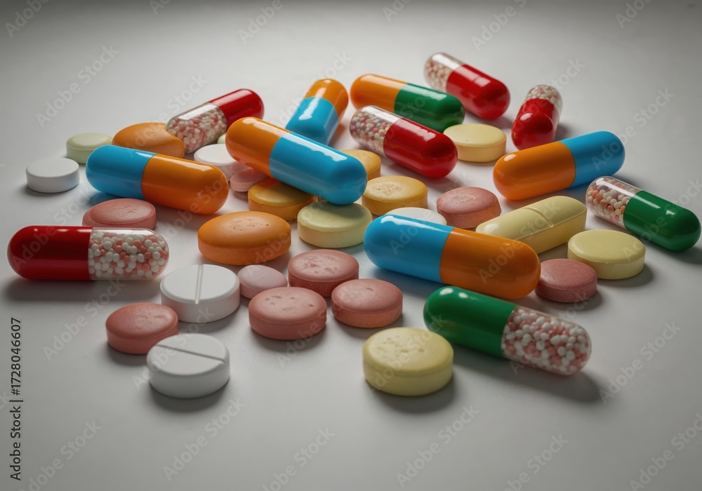 Pharmaceutical Medley: A close-up perspective of a vivid assortment of pills and capsules. These colorful pills, a symbolic portrayal of modern health and medication, lie scattered.
