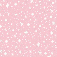 Wall Mural - Pink and white hand drawn seamless pattern with sparkle stars.