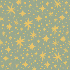 Wall Mural - Green and gold hand drawn seamless pattern with sparkle stars.