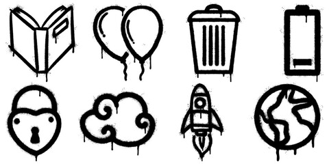 collection of black and white graffiti spray icons with dripping paint effect, including book, ballo