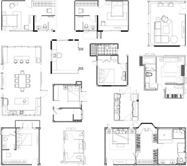 Naklejka na meble Black-and-White Modern Home Floor Plan with Furniture Layout – Kitchen, Dining Area, Living Room, Bedrooms, Bathrooms, Balcony