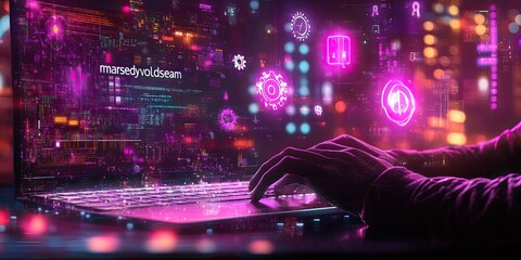 Hands typing on laptop, glowing code