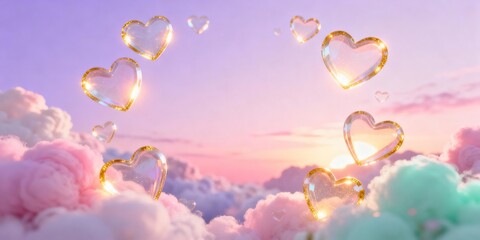 Wall Mural - 3D floating hearts framing central space pastel gradient background dreamy romantic cloudscape sunset