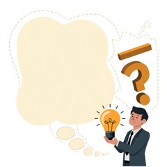 Businessman holding glowing lightbulb and question mark with copy space for creative thinking idea and problem solving concept ui interface user