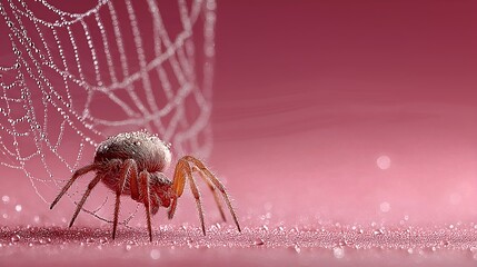 Spider on a Dew-Kissed Web Against a Pink Background.