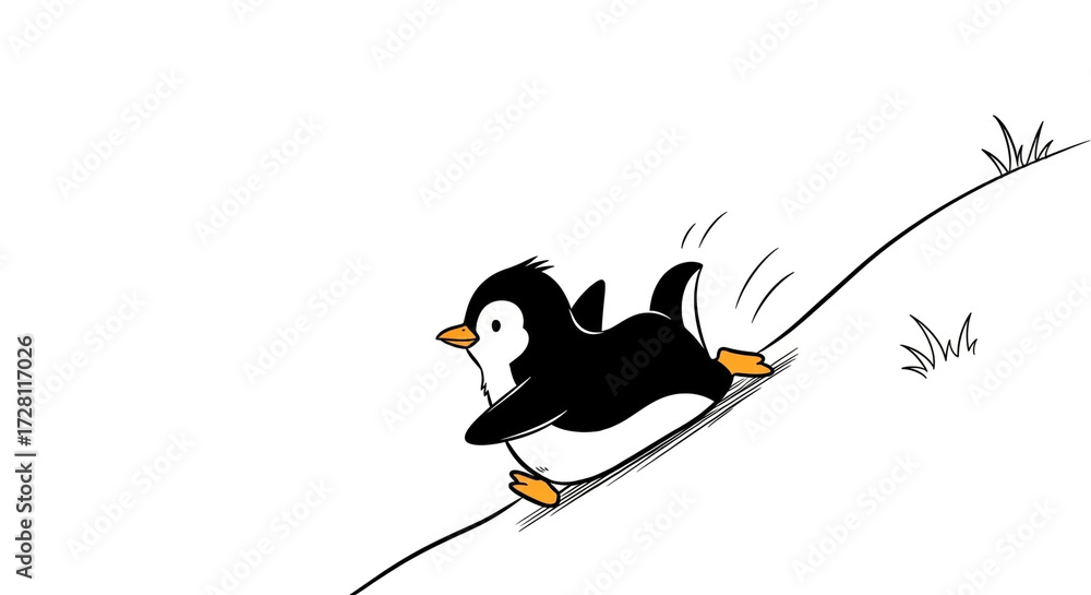 A cute baby penguin is sliding down the snowy hill on its belly ...