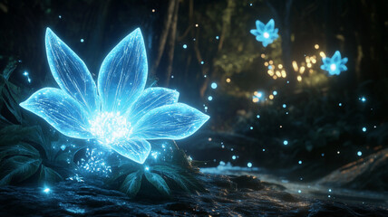 mutant moonflower blooming at midnight a glowing blue flower with crystalline petals that emit soft 