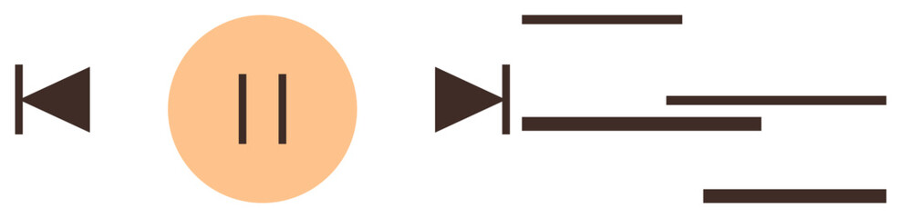 Backward, pause, forward buttons in simple design, accented by horizontal lines. Ideal for audio, video player interface, technology, minimalism interaction design user interface streaming. Simple