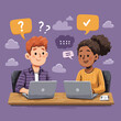 ©  Sheton - 두 명의 학생이 노트북을 사용하여 질문과 답변을 통해 온라인 학습 또는 프로젝트 협업을 하는 모습을 벡터 그래픽으로 표현했습니다.