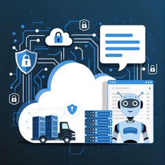 Disaster recovery technology concept with cloud computing data protection icons and AI chatbot interface Ideal for IT solutions cybersecurity and digital business strategy ui interface user