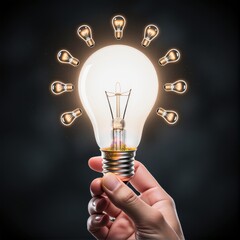 Hand of man holding illuminated light bulb idea innovation and inspiration conceptconcept creativity with bulbs that shine glitter ui interface user