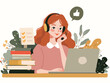 ©  Sheton - 헤드폰을 쓰고 노트북으로 공부하는 활기찬 젊은 여성의 벡터 일러스트레이션으로, 긍정적인 학습 분위기를 연출합니다.
