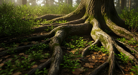 Tree Roots Spreading in Forest, Brown Wood Texture, Lush Green Foliage, Sunlight