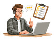 ©  Sheton - 고객 서비스 상담원이 노트북을 사용하여 고객 만족도 평가를 수집하고 긍정적인 피드백을 받고 있음을 보여주는 벡터 일러스트레이션입니다.