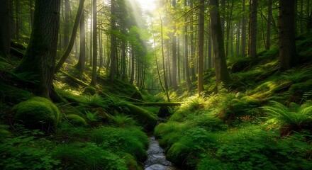  Sunbeams filter through a lush mosscovered forest illuminating a small stream