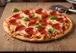 © Shil - A delicious pepperoni pizza with fresh basil leaves on a wooden board ready to be served and enjoyed
