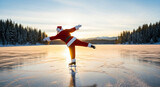 Santa claus gracefully ice skating on a frozen lake at sunset in winter