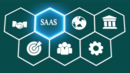 Businessman Selecting a SaaS Concept Button on a Futuristic Computer Screen – Cloud Computing, Software Solutions, and Digital Innovation.