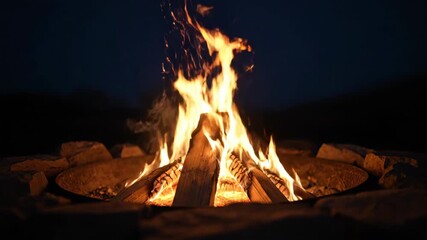 Sticker - timelapse of an outdoor fire pit burning through firewood, with sparks rising and smoke billowing ag