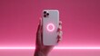 © Abdul - iPhone 14 pro max starlight in white case back view, phone cover mockup isolated on pink background, banner with place for text on the right isolated