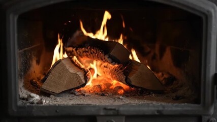 Wall Mural - timelapse of a wood stove fire, showing logs charring, glowing, and reducing to embers behind a glas