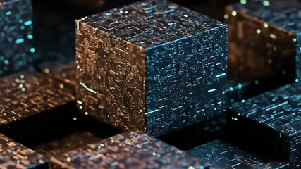 Abstract 3D Render of Illuminated Cubes in Orange and Blue Tones