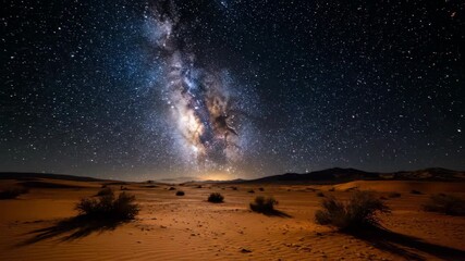 Wall Mural - the luminous milky way galactic core emerges and drifts across a vast desert landscape at night astr