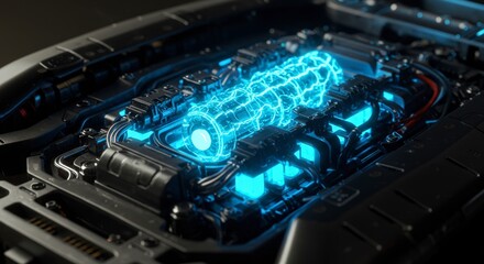 Futuristic technology display with glowing energy core and mechanical components against dark background