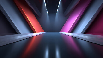 Wall Mural - futuristic corridor with glowing red and purple angled walls reflecting on shiny floor under ceiling