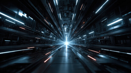 Wall Mural - futuristic dark tunnel with glowing blue and white lights converging at bright core, creating symmet