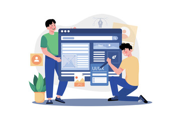 Two Men Collaborating on Website Design with Blue and White Interface on Transparent Background Featuring Plant Decor and Person Icons in Flat Illustration Style