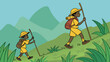 © Aliya - Two young adventurers ascend a grassy hill, carrying backpacks and walking sticks, exploring the mountains.