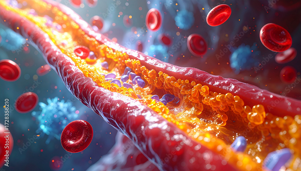Red blood cells and cholesterol buildup within a blood vessel artery ...