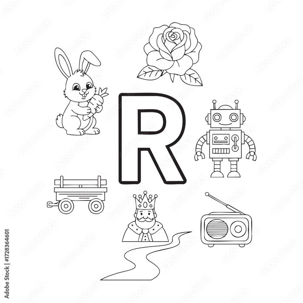 Educational coloring page with letter R and objects that start with R ...