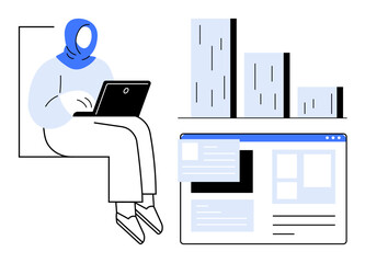 Woman in blue headscarf using a laptop, surrounded by website interface and bar charts. Ideal for technology, data, analysis, remote work, web development, education productivity. Simple flat