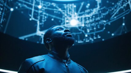 Futuristic Black Man Gazing Up at a Vast, Glowing Blue Digital Network Visualization