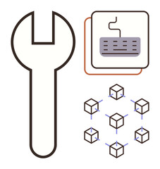 Wrench, keyboard, and interconnected nodes illustrating repair, technology, coding, and blockchain. Ideal for technology, networking, maintenance innovation tools blockchain development themes