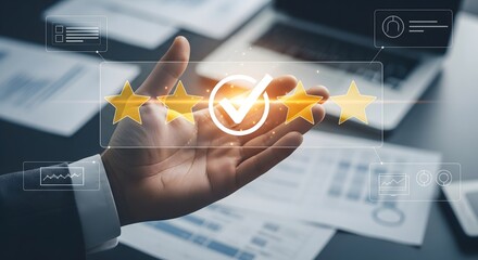 Hand showing a button on a touch screen with 5 star ratings