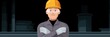 © trustmastertx - Cartoon Illustration of a Worker in Protective Gear with a Dark Industrial Backdrop